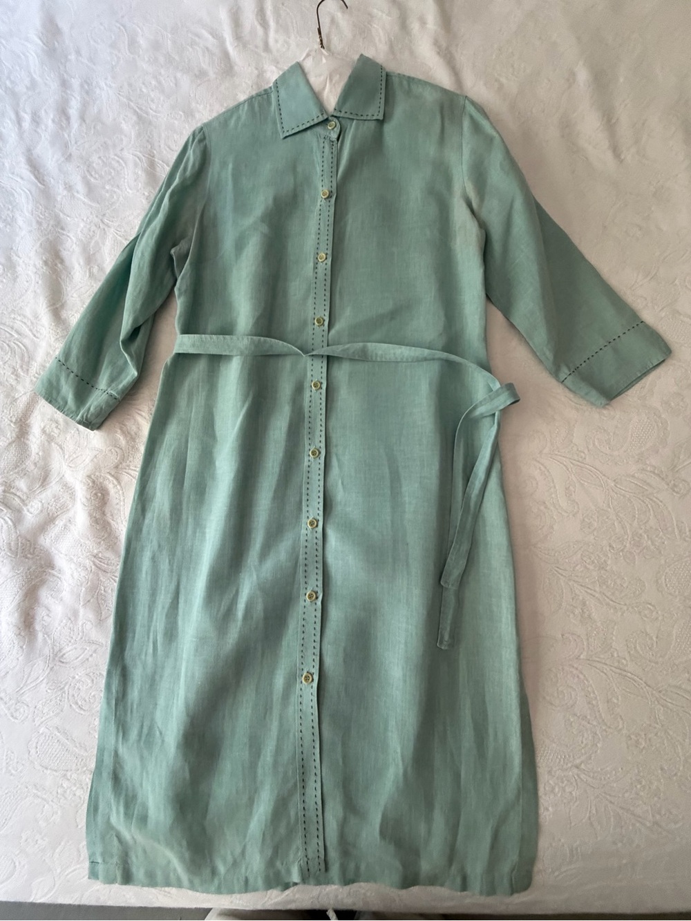 Vintage Faconnable 100% Linen Mint Green Button-Front Midi Shirt Dress